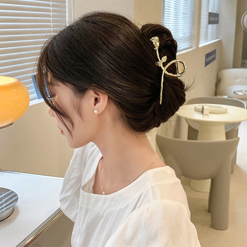 Kẹp Tóc Càng Cua Kim Loại Hàn Quốc Cành Hoa Hồng Vàng Siêu Xinh Mainia Shop
