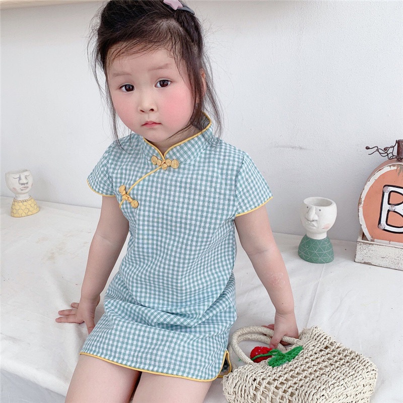 Đầm Sườn Xám Họa Tiết Sọc Caro Phong Cách Hàn Quốc Thời Trang Mùa Hè Cho Bé Gái