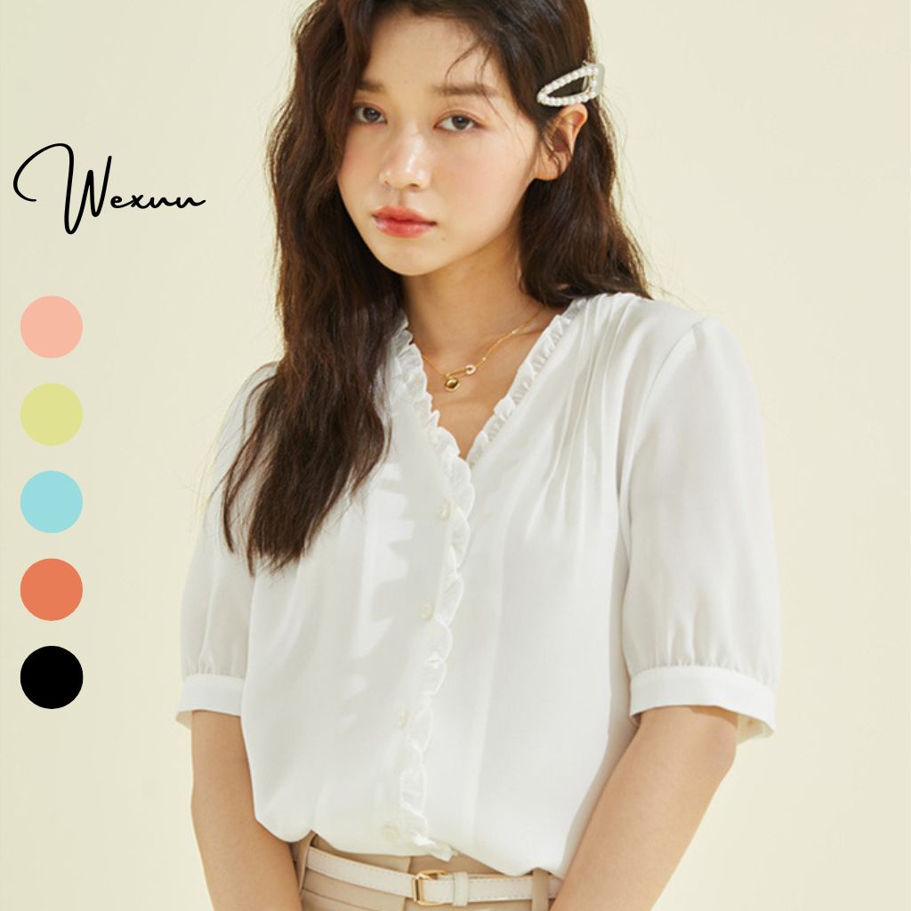 Áo sơ mi trắng nữ thời trang wexuu Design kiểu dáng tay lỡ cổ V phối vạt bèo thanh lịch - SP42