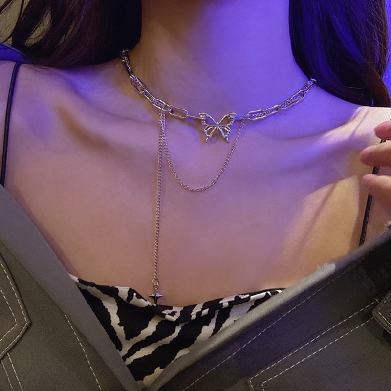 Vòng cổ Sợi Xích Mặt Hình Bướm Rỗng Phong Cách hip hop Âu Mỹ Thời Trang Cho Nữ