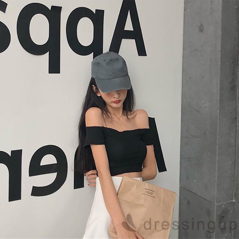 Áo Thun Tay Ngắn Cổ Thuyền Màu Sắc Đơn Giản Cho Nữ