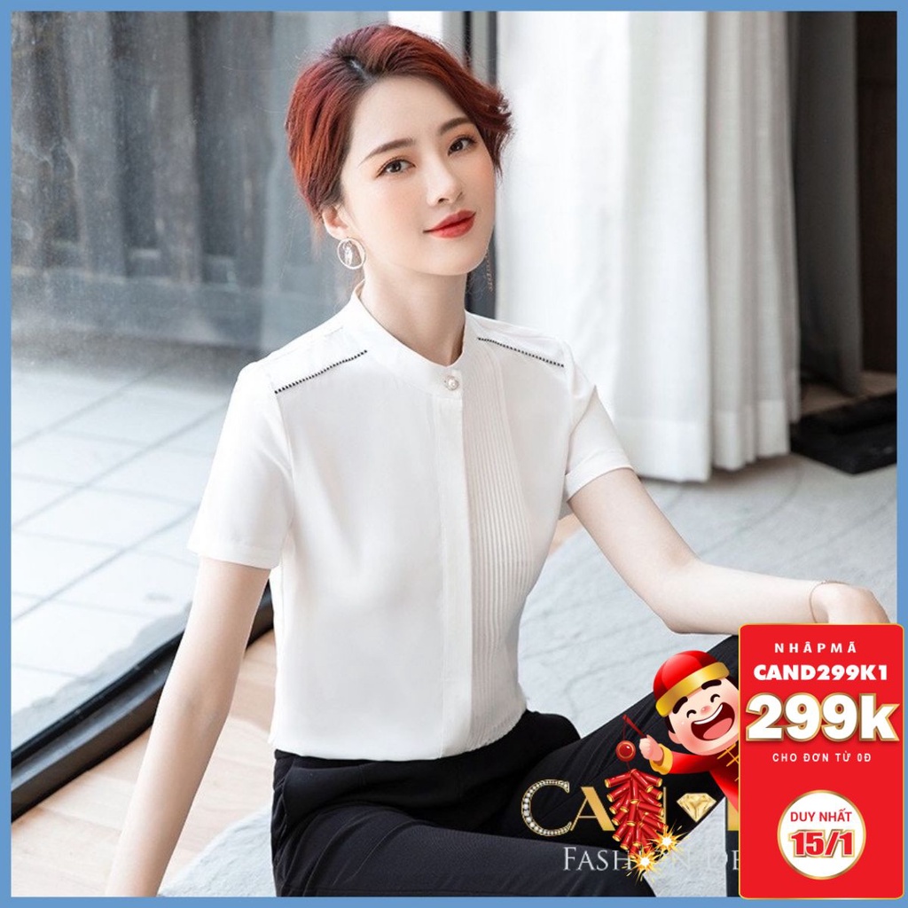 Sơ Mi Công Sở Nữ  Ngắn Tay Cổ Tàu Xếp Ly 1 Bên Ngực Chất Lụa Mềm Mát  A257 - Candy Fashion