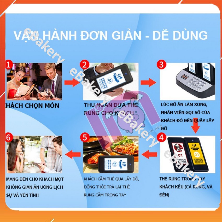 Bộ 16 thẻ rung, thiết bị tự phục vụ, gọi khách hàng tự nhận đồ cự li 30m, 50m - eBakery