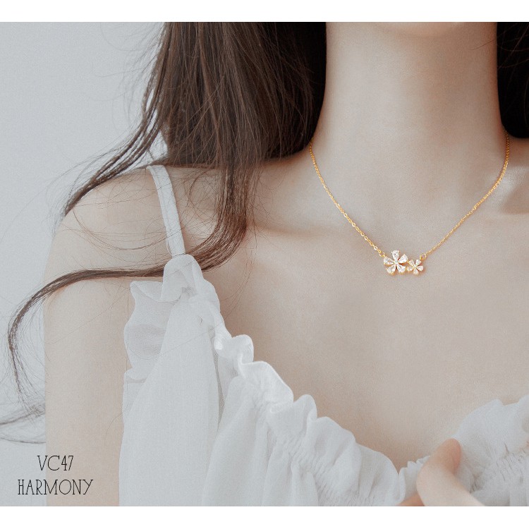 Vòng cổ, dây chuyền nữ bạc mạ vàng Flowers mặt hoa đính đá xinh xắn, sang chảnh VC47| TRANG SỨC BẠC HARMONY