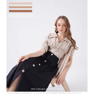 [AT MODA DE LITA] Chân váy midi hàng cúc giữa Black Skirt Bat