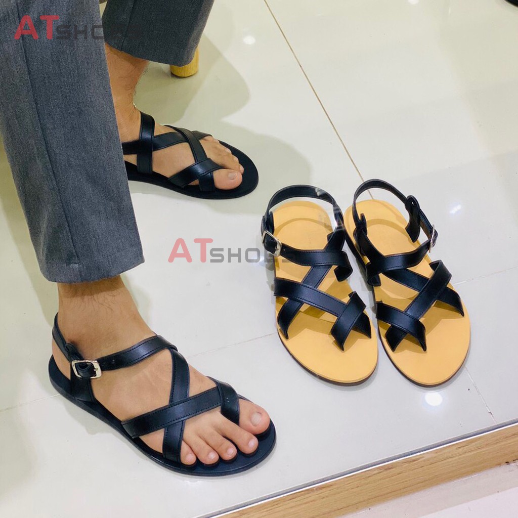 Dép Sandal Unisex cao cấp Da Bò Thật Sandal xỏ ngón nam nữ chuẩn kiểu Hàn Quốc Trẻ Trung Atshoes AT40(Đen Đế vàng)