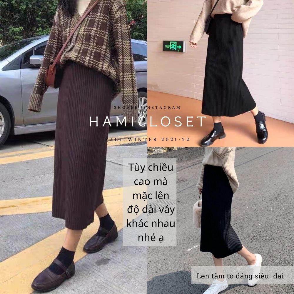 Chân váy len tăm dáng siêu dài qua gối