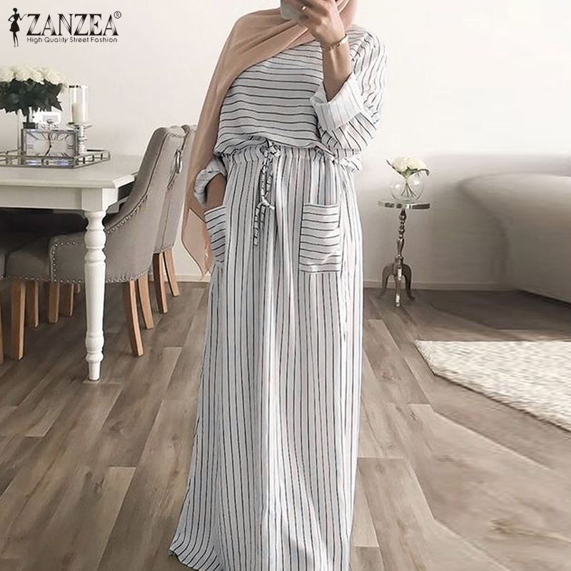 Zanzea Đầm Dài Họa Tiết Kẻ Sọc Có Túi Và Dây Rút Phong Cách Hồi Giáo Thời Trang Cho Nữ