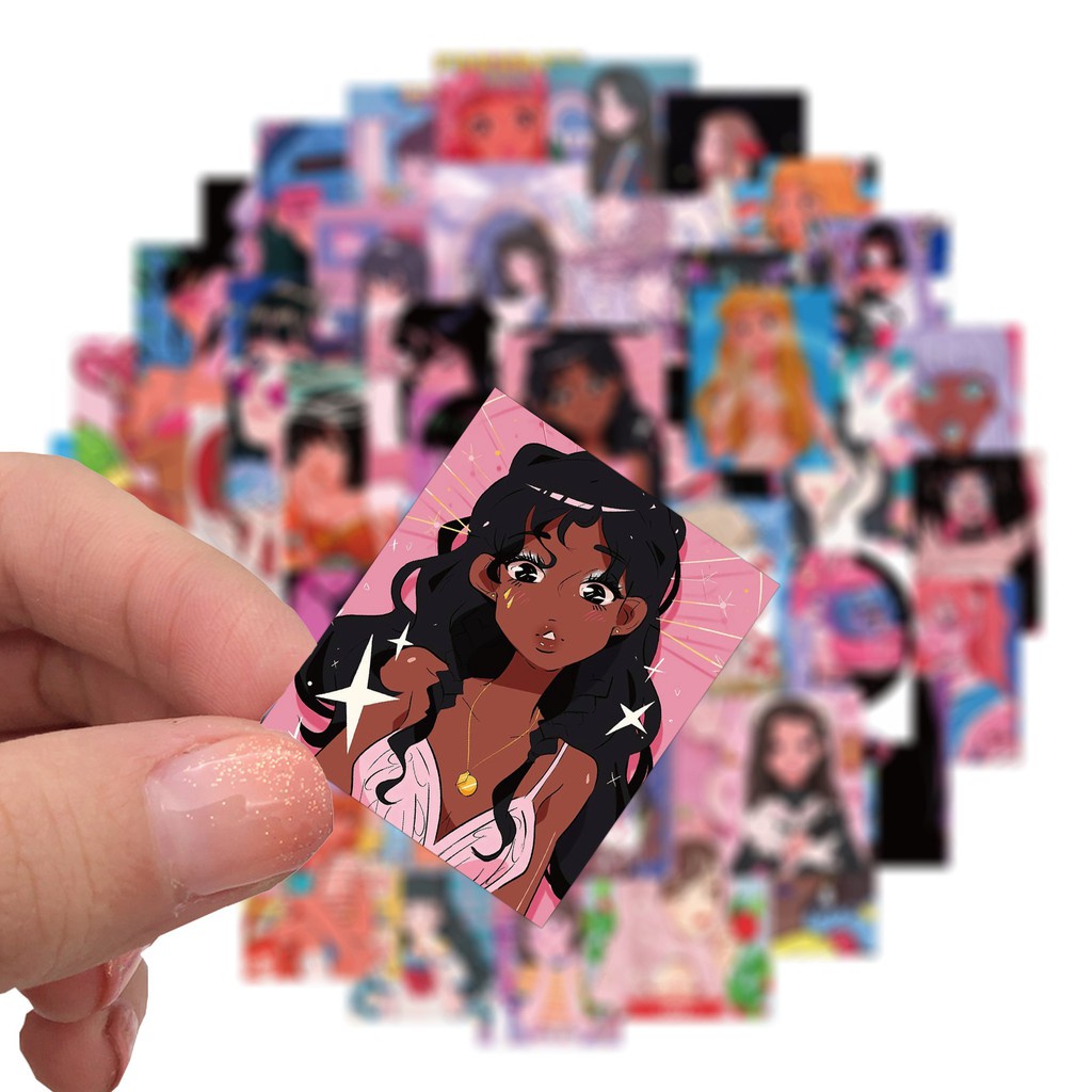 Bộ 100/50/25/10 miếng dán trang trí xe hơi / laptop / điện thoại hình cô gái hoạt hình màu hồng vui nhộn