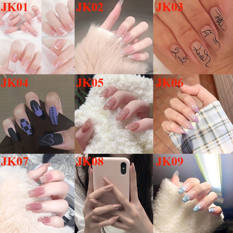 【 móng tay giả 】 24pcs/box nude color french fake nails with a pattern oval head full cover artificial nails with glue / Móng tay giả 24 món kèm keo / móng tay giả kèm keo / móng tay giả đính đá