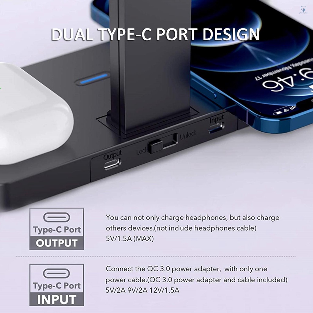 Đế Sạc Nhanh Không Dây 4 Trong 1 Có Giá Đỡ Tai Nghe Cho Apple iWatch AirPods 2 / 3 iPhone 12-8 Series