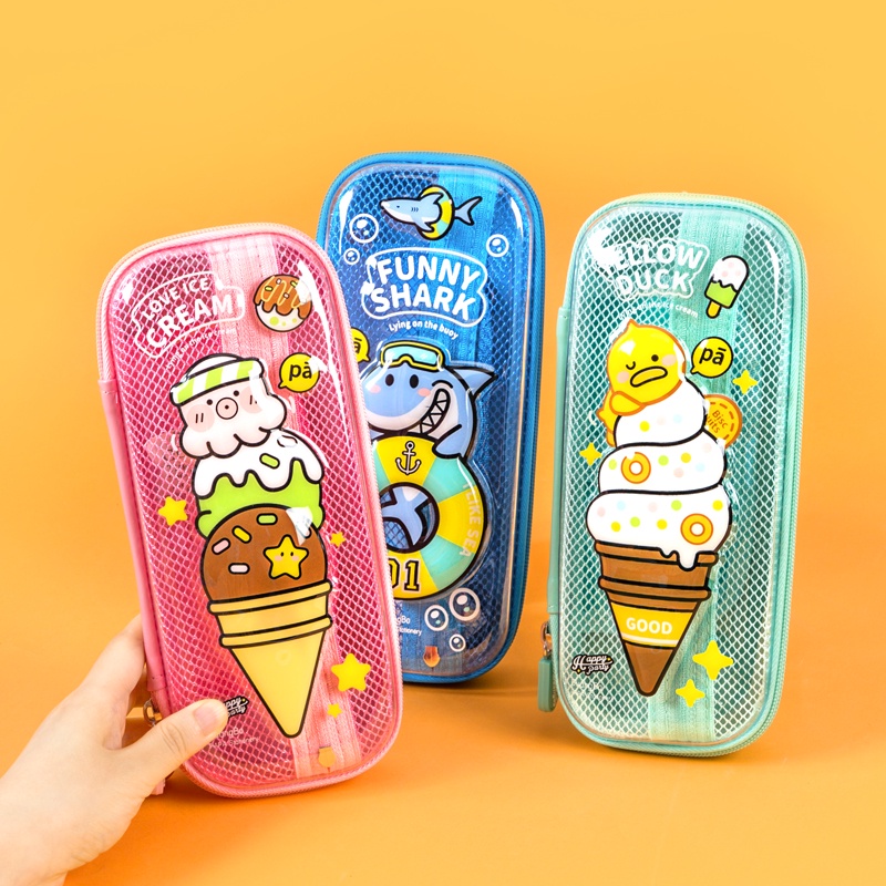 Túi đựng bút đồ dùng cá nhân 3D GuangBo Ice Cream - chất liệu nhựa cao cấp 2 khoá H00247