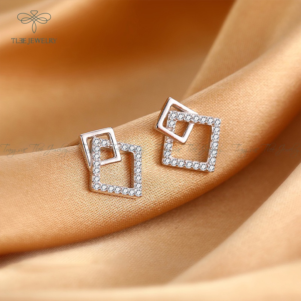 Khuyên tai bạc nữ TLEE mặt vuông kép nạm đá cao cấp NCJ B0101