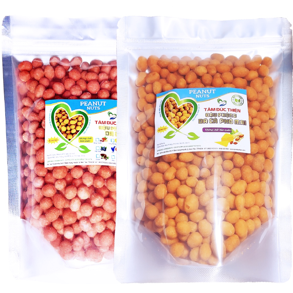 Combo 1KG Đậu Phộng Da Cá 2 Vị: Phô Mai và Dâu Tây Tâm Đức Thiện (2 x Túi 500GR)