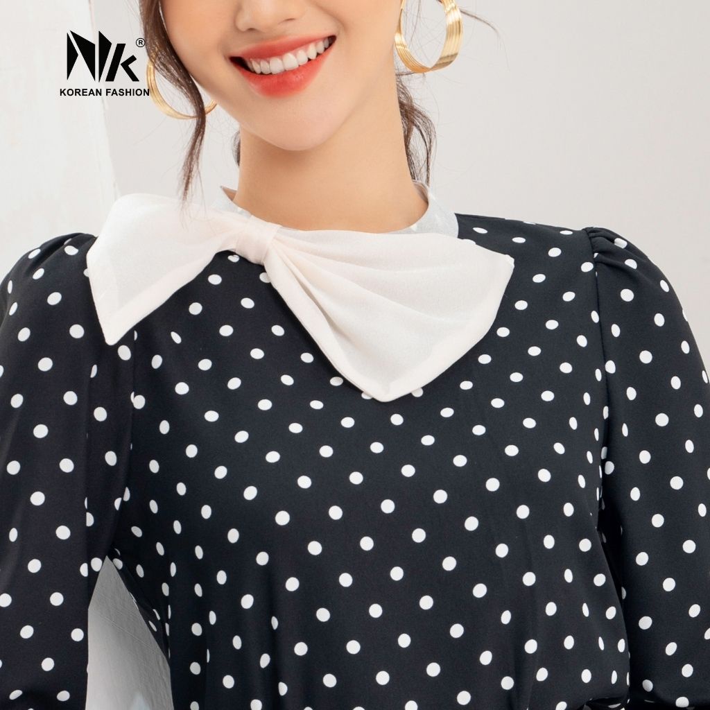 Áo Sơ Mi Nữ Dài Tay NK Fashion Cổ Phối Nơ Hoạ Tiết Chấm Bi, Chất Voan Lụa Mềm Mịn NKSM2112006