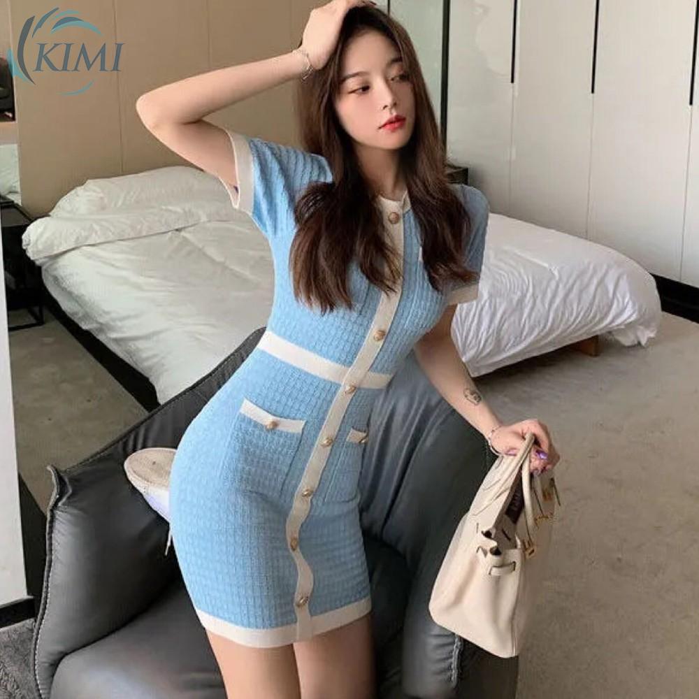 Đầm Dệt Kim Mini Cổ Tròn Kiểu Hàn Quốc Thời Trang Mùa Hè Dễ Thương Cho Nữ