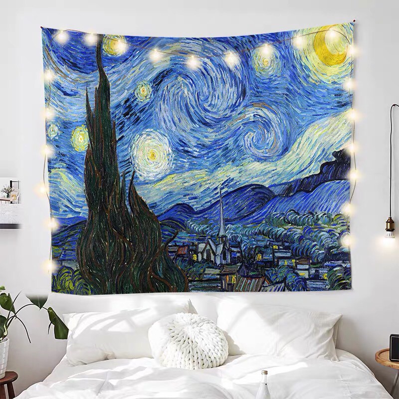 Thảm treo tường trang trí hình tranh Van Gogh và đèn trang trí