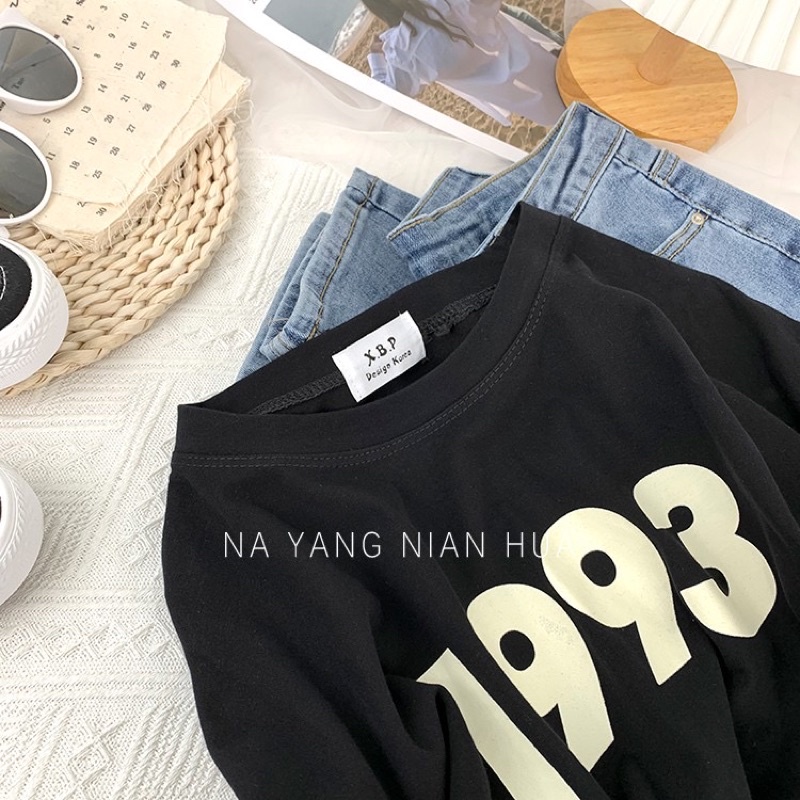 Áo phông 3158, áo thun tay lỡ form rộng chất cotton in số 1993