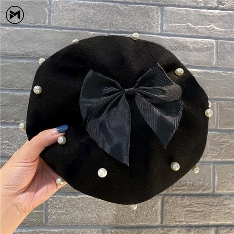 Mũ Beret Len Đính Nơ Ngọc Trai Dễ Thương Phong Cách Lolita Nhật Bản