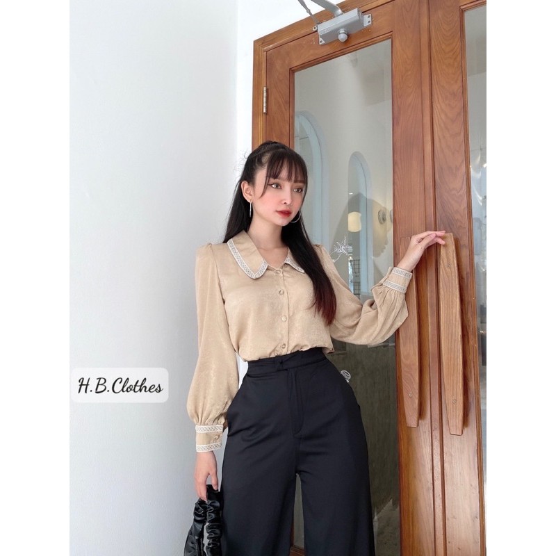 HB Set áo sơ mi cổ phối ren và quần ống suông | BigBuy360 - bigbuy360.vn