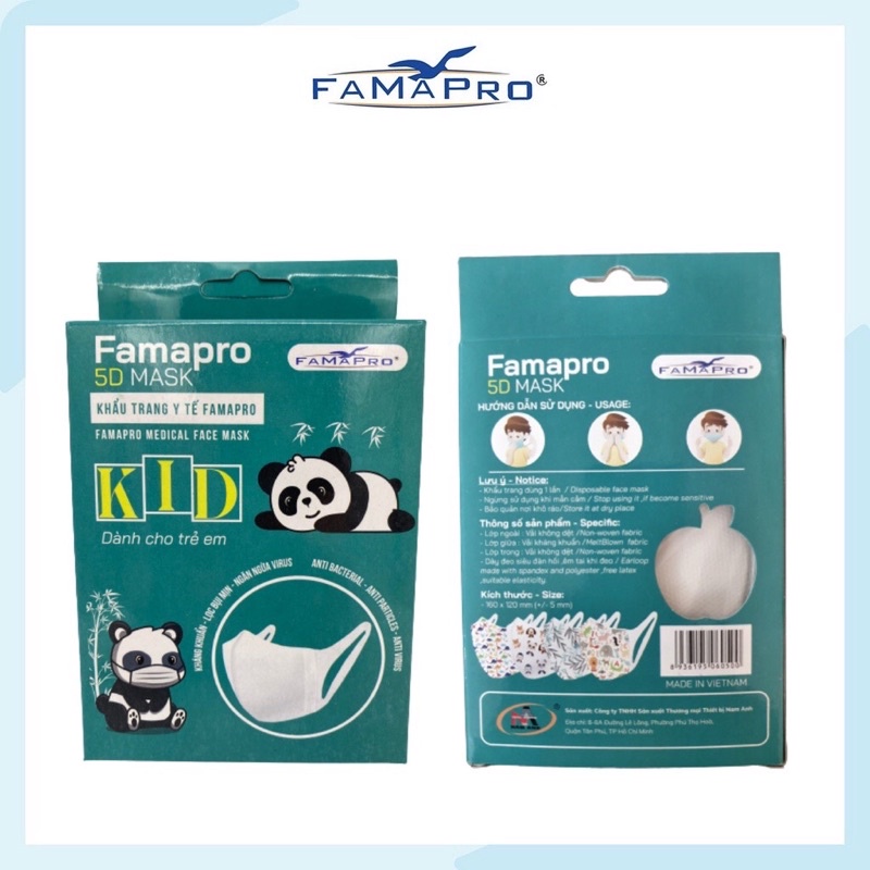 Hộp 10 cái khẩu trang trẻ em 5d Famapro/khẩu trang quai vải 5d
