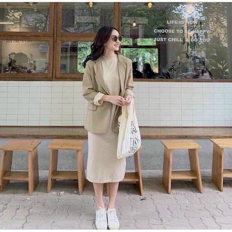 Áo Khoác Blazer Dáng Dài PEONYB Nữ [FREESHIP]  Jacket khaki form rộng màu ĐEN | BE phong cách cá tính Ulzzang