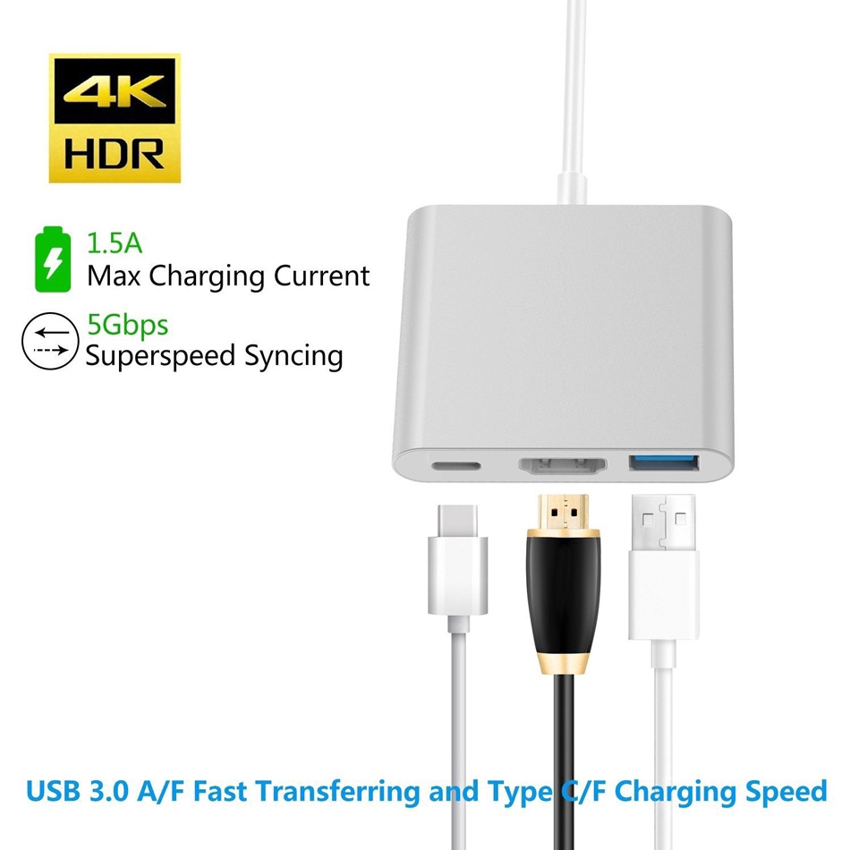 Cổng Sạc Đa Năng 3 Trong 1 Cổng USB 3.0 Type C Sang HDMI USB-C 4K Cho IOS Android