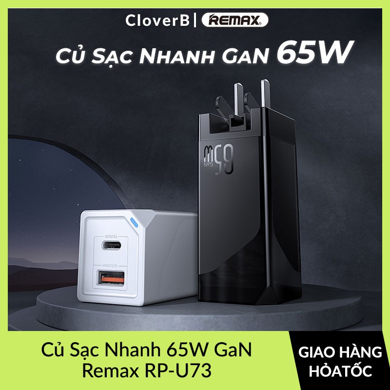 Củ Sạc Nhanh 65W GaN Remax RP-U73 Sạc Nhanh Cả 2 Cổng Type-C, USB-A, Hỗ Trợ PD3.0, QC4.0 Cho Macbook, iPhone, Samsung