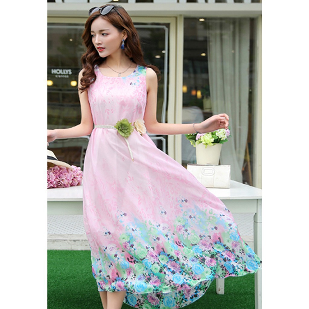 Đầm maxi voan  kèm dây thắt lưng hoa DX04 - Đầm suông maxi đi biển, đi dạo phố damdutiecmaxi2019