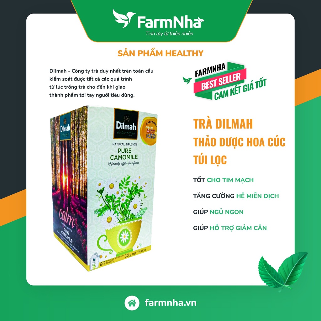 Trà Dilmah Pure Camomile (Túi bạc đặc biệt) 30g 20 túi x 1.5g Thảo Dược Hoa Cúc - Tinh hoa trà Sri Lanka