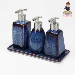 Bộ Bình Đựng Dầu gội, Sữa tắm, Dầu xả, Nước rửa tay Nàng Gốm Bát Tràng Men Hỏa Biến Cao Cấp