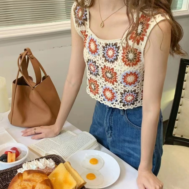 Áo Croptop Dệt Kim Hai Dây Dáng Rộng Họa Tiết Hình Học Nhiều Màu Sắc Cho Nữ