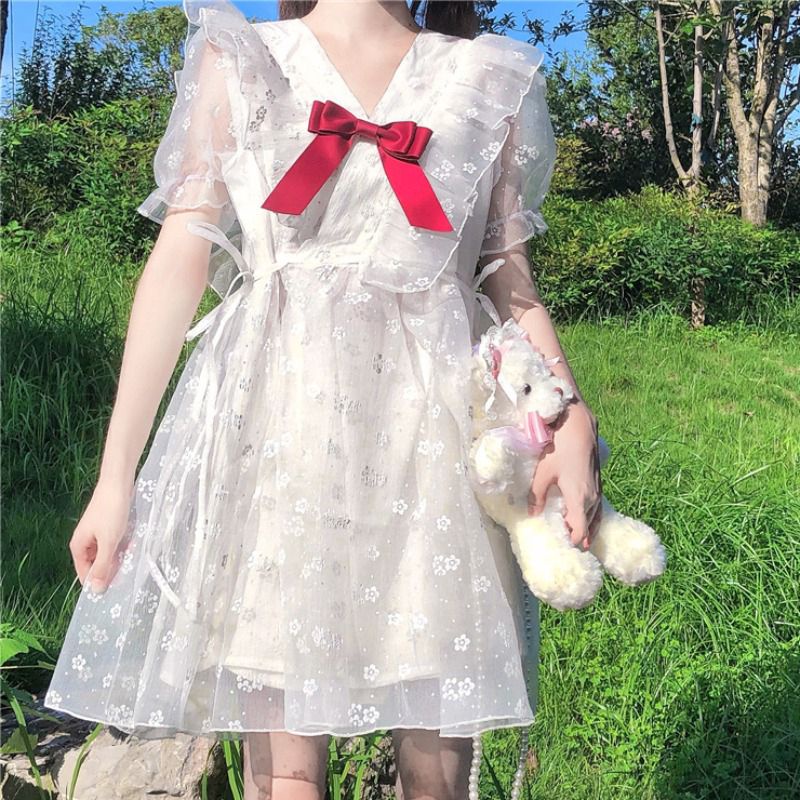 [Order] (L3) Vây đầm Công chúa Lolita hoa nhí nơ đỏ dáng xòe màu trắng loại đẹp
