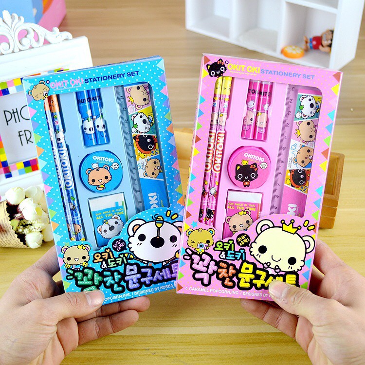Dụng cụ học tập, set 7 món bút chì,thước kẻ,gôm tẩy,gọt bút chì,nắp đậy_văn phòng phẩm dễ thương