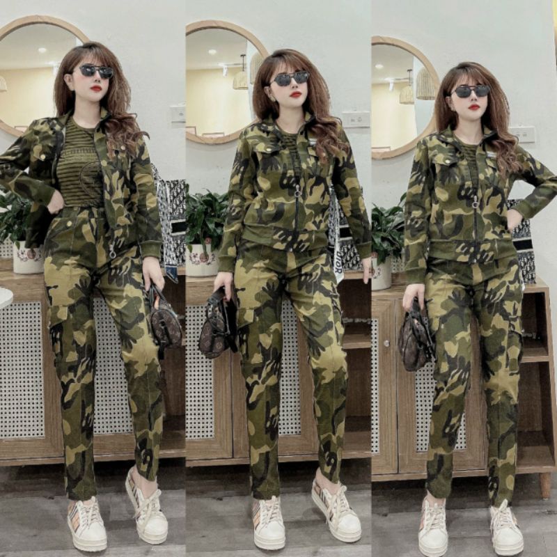 Sét bộ đồ thể thao nữ thu đông lính 3 món cao cấp gồm quần, áo khoác và áo thun