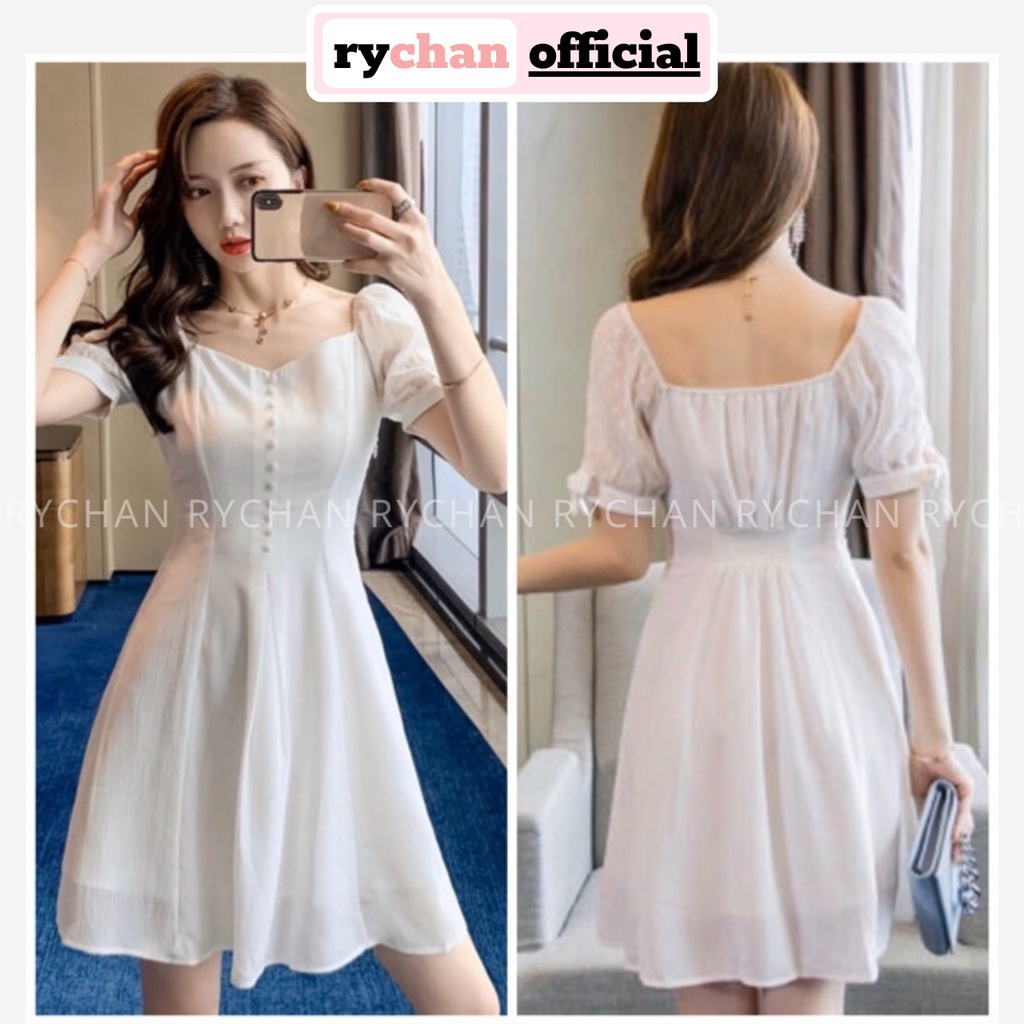 Đầm Nữ Dự Tiệc Cổ U Tay Ngắn Phồng Phối Voan Nút Trước Lưng Nhún 2 Lớp Dày Dặn Màu Trắng - DX9905