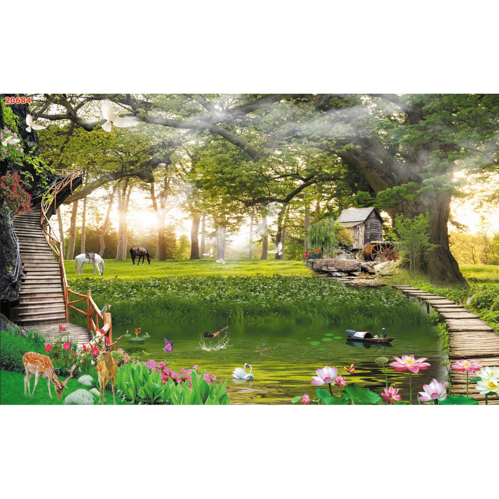 Tranh dán tường 3d phong cảnh thiên nhiên trang trí phòng khách chất liệu decal pp keo sẵn bóc dán atk2