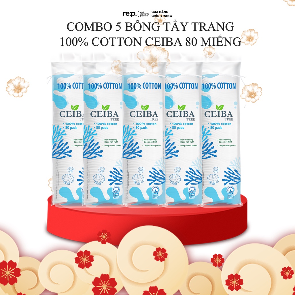 Combo 5 bông tẩy trang Cotton Ceiba 80 miếng 100% cotton siêu tiết kiệm dung dịch (80pads x5)