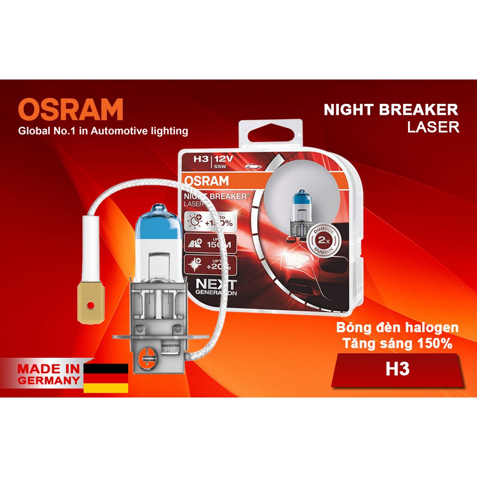 Combo 2 Bóng Đèn Halogen Tăng Sáng 150% OSRAM Night Breaker Laser H3 12V 55W - Nhập Khẩu Chính Hãng