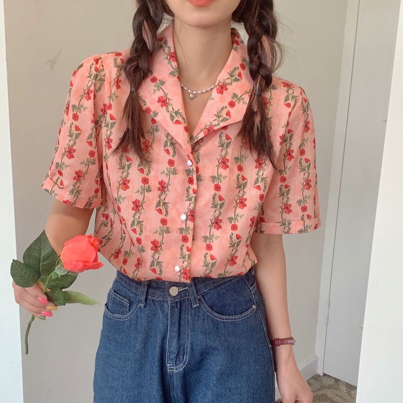 Áo sơ mi SUXI ngắn tay họa tiết hoa vintage cho nữ