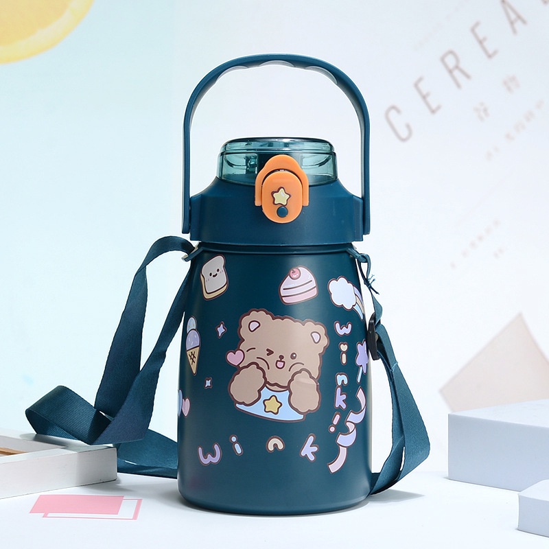 Bình nước nhiệt dung tích 850ml có ống hút và quai đeo tặng kèm sticker trang trí cute dễ thương