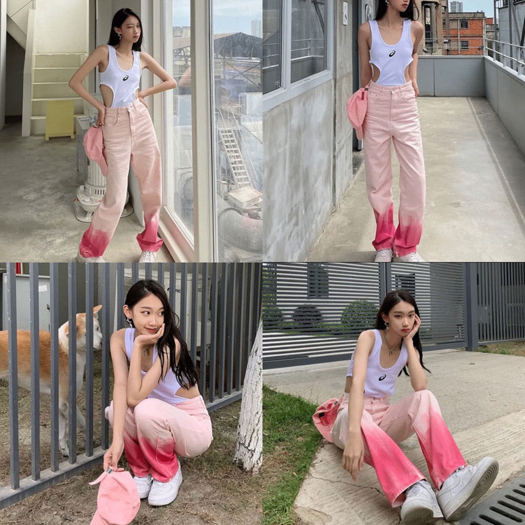 💖Quần jean màu hồng 💖Quần Jeans Hồng Lưng Cao Ống Rộng Phong Cách Mới