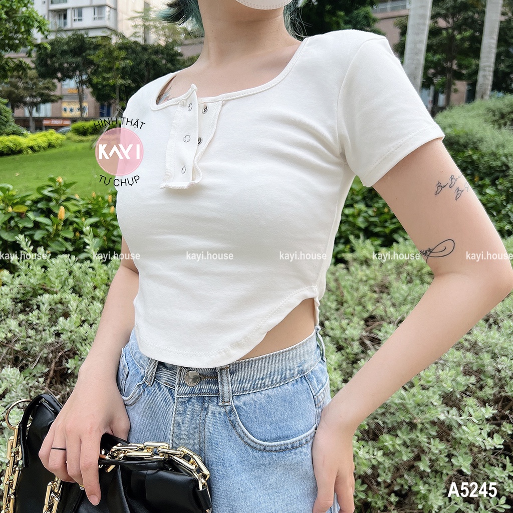 Áo Croptop Body Cổ U Vạt Bầu Tay Ngắn KAYI HOUSE Phối Cúc Bấm Chạy Viền Chỉ Nổi - A245