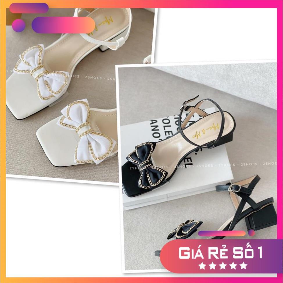 Sandal cao gót đính nơ xích 5cm gót vuông. ẢNH THẬT