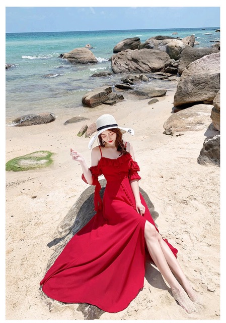 [Hàng sẵn🌈] Váy maxi đỏ tay bèo 2 dây xẻ tà đi biển chụp hình siêu đẹp ạ | BigBuy360 - bigbuy360.vn