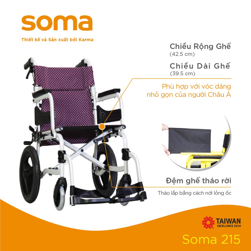 [Chính Hãng KARMA] Xe Lăn SOMA 215 Gọn Nhẹ Chỉ 9.9KG Có Thiết Kế Hỗ Trợ Sang Xe An Toàn