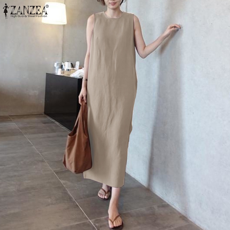 Đầm dài ZANZEA xẻ tà không tay thời trang cho nữ