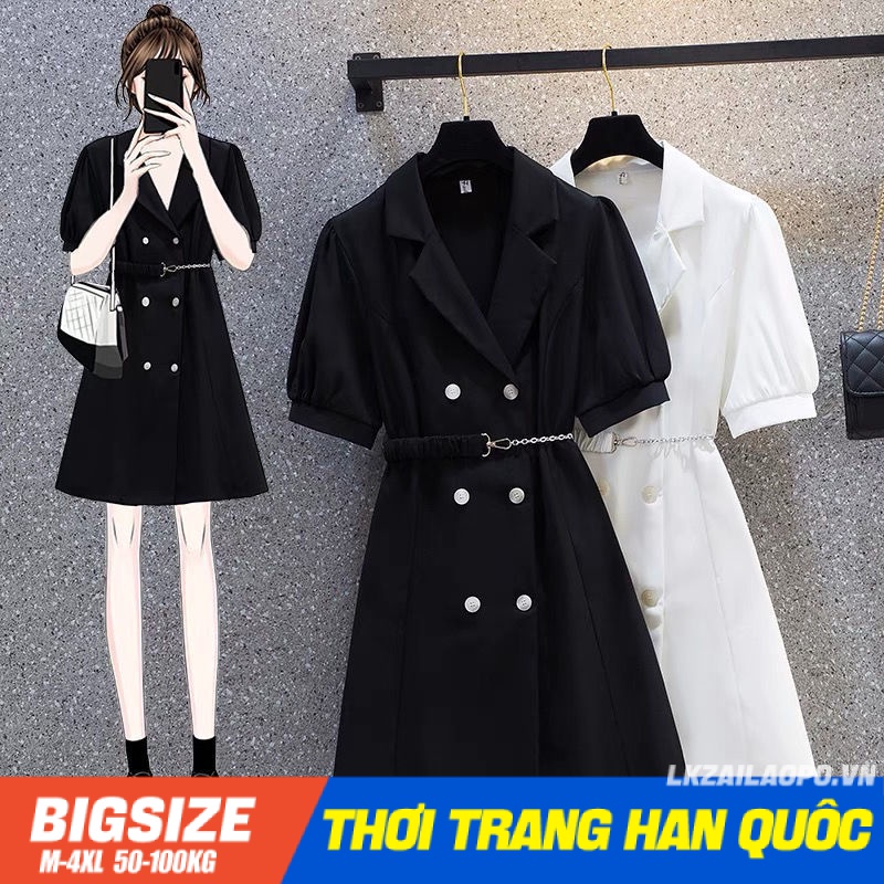Đầm Vest Blazers dáng suông Bigsize Váy nữ tay ngắn có cổ thắt eo mùa hè Phong cách Hàn Quốc Thời Trang tiểu thư cá tính xinh đẹp cho người mập béo