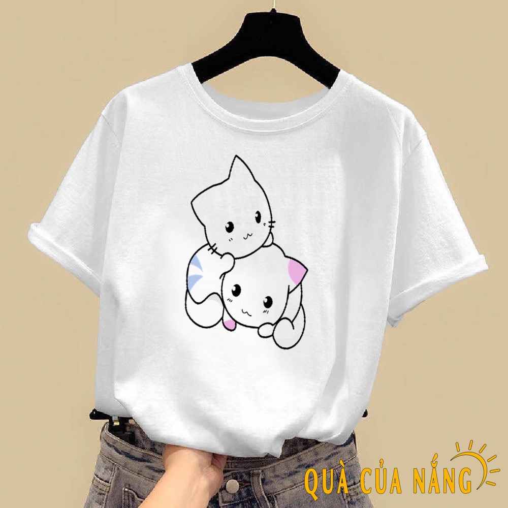 [Mã FAMAYWA giảm 10K đơn 50K] Áo Thun Nữ Tay Ngắn In Hình Hai Con Mèo Form Rộng AT-006