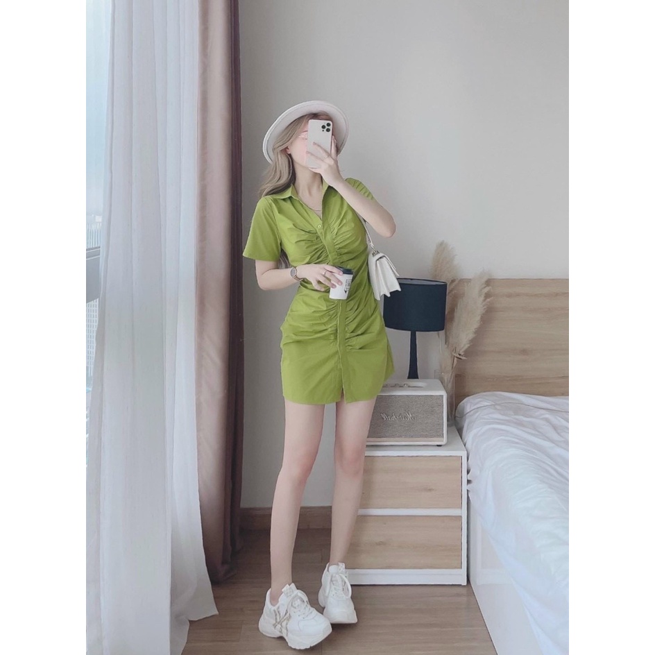 Váy đầm ôm body cổ sơ mi nhún cài nút thật có 2 màu như hình ( xanh ,trắng ) phong cách hàn quốc thời trang hè cho nữ